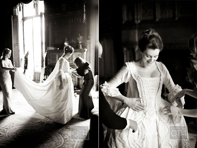 Marie Antoinette inspired wedding - bride getting ready in 18th century gown with bridal party
