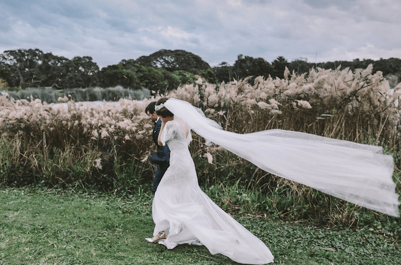 bride and groom in field