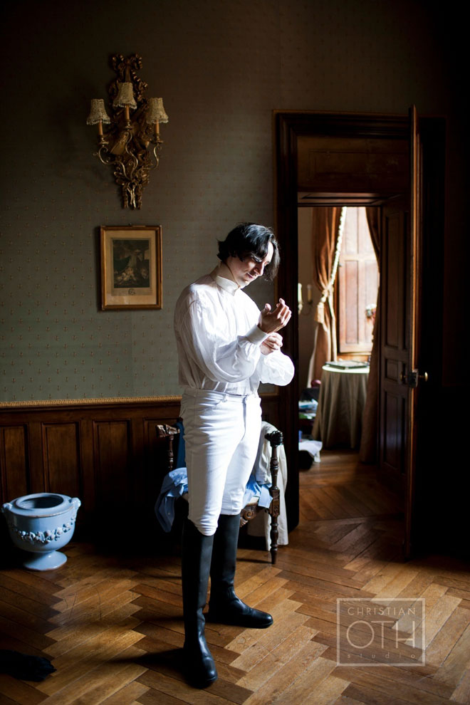Marie Antoinette inspired wedding - groom getting ready in 18th century clothing