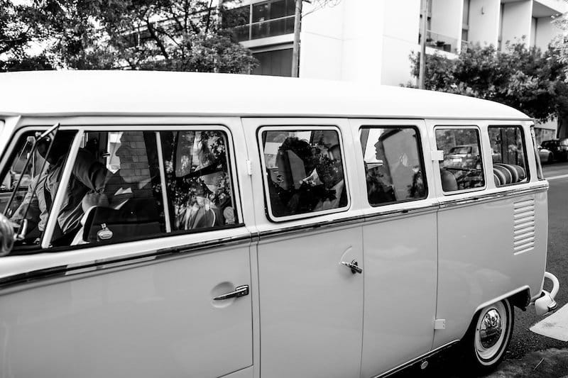 wedding transportation in vintage vw bus