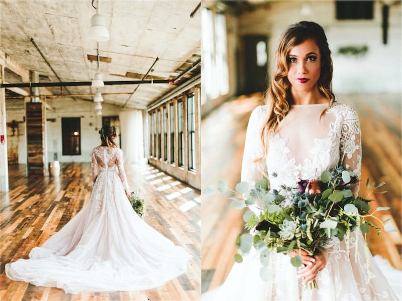 bride in vintage ball gown with wildflower bouquet