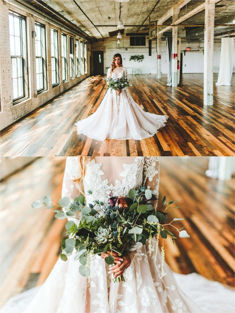 bride in vintage ball gown with wildflower bouquet