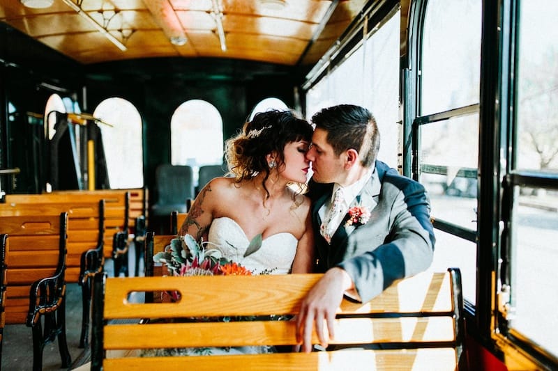 Edgy Shabby Chic Wedding bride and groom trolley