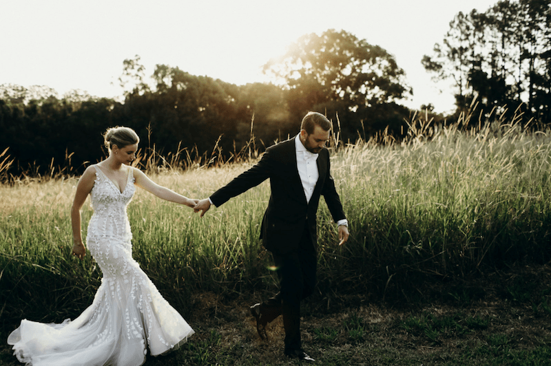 French Estate Formal Wedding bride and groom in garden