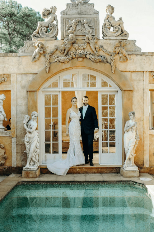 French Estate Formal Wedding bride and groom pool house