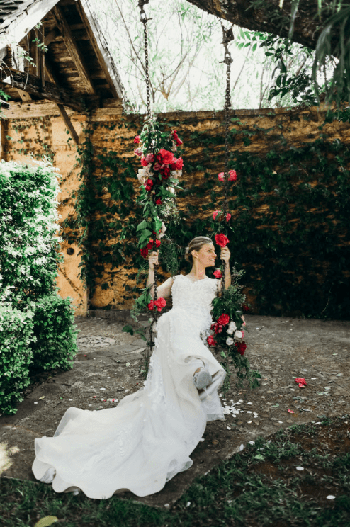 French Estate Formal Wedding bride on swing