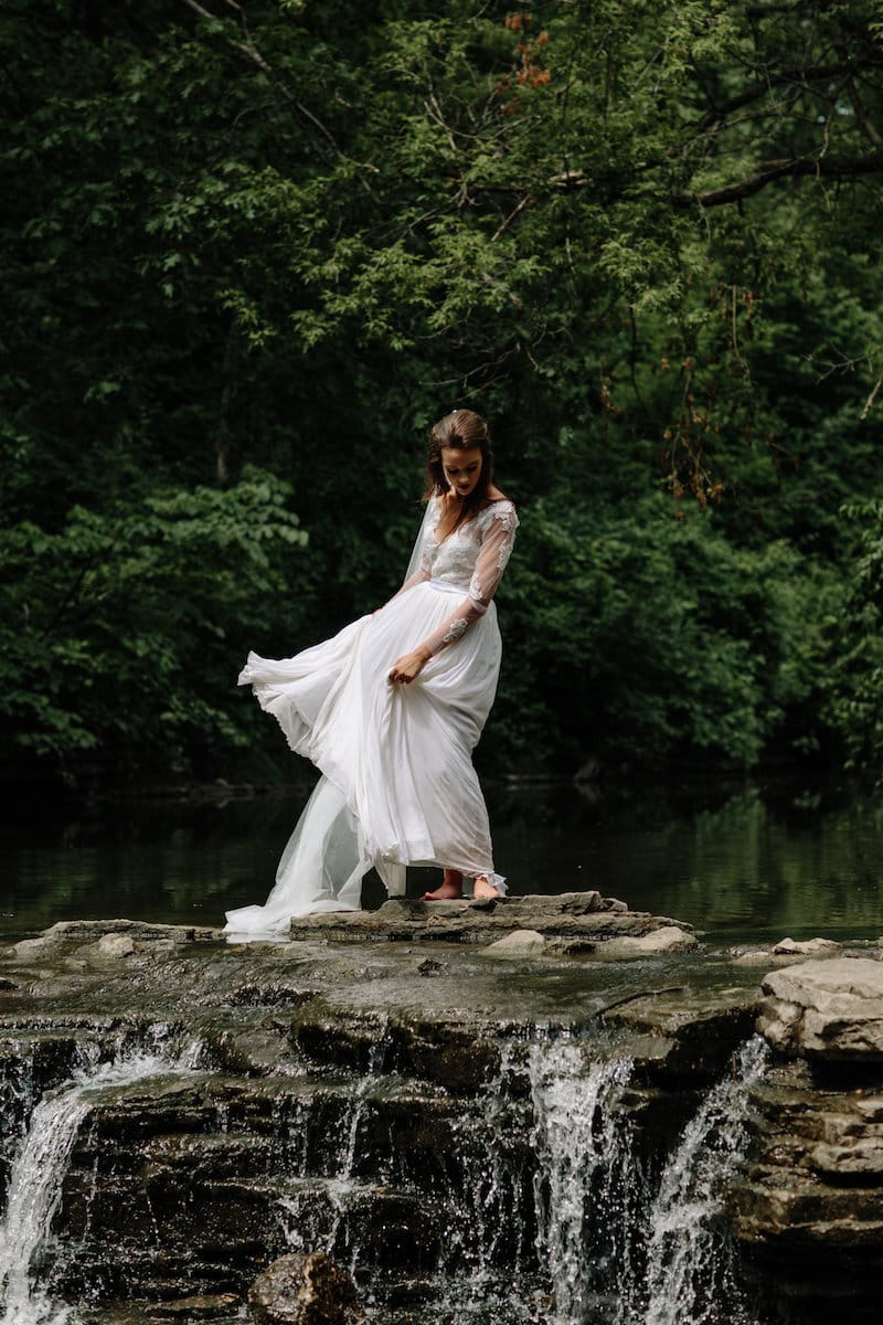 vintage forest styled shoot bride twirling