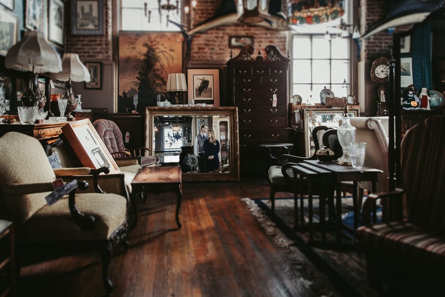 moody-antique-store-engagement-shoot-vintage-mirror