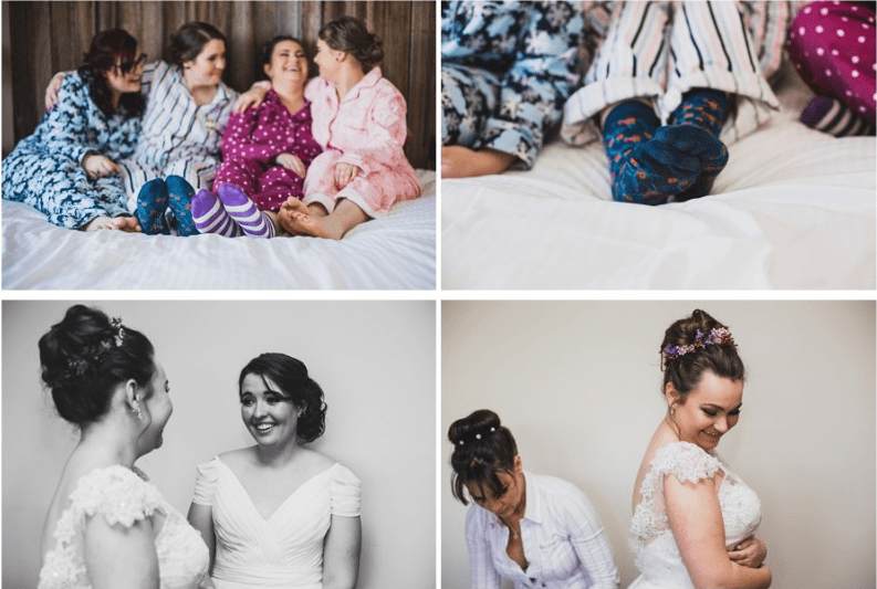 bride and bridesmaids getting ready with pajamas and socks