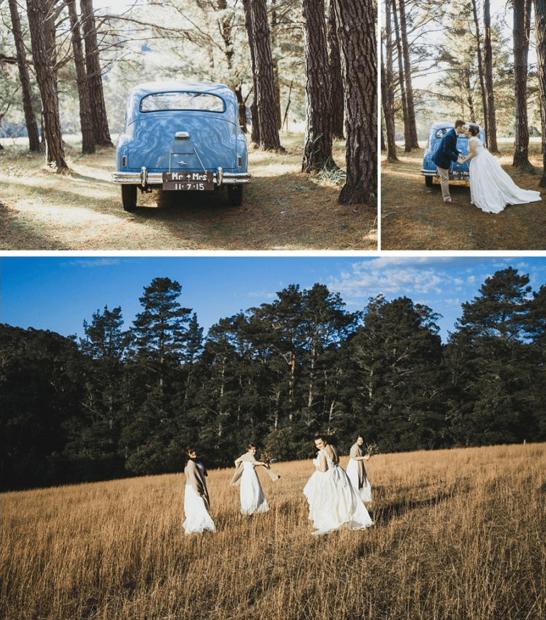 bridal party with vintage car