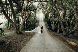 French Estate Formal Wedding bride and groom on parkway